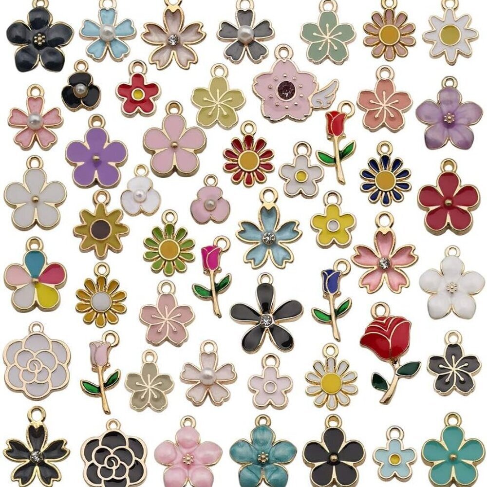 100 Pcs Assorted Gold Plated Mixed Enamel Flower Charms for Jewelry Making Neckl